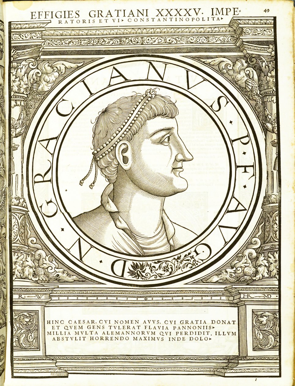 Gratian ، من الأباطرة الرومان من الشرق والغرب أصدق الصور من العملات القديمة ، نقش رودولف ويسنباخ ، طبعها أندرياس جيسنر ، زيورخ ، 155 بواسطة هانز رودولف مانويل جيرمان