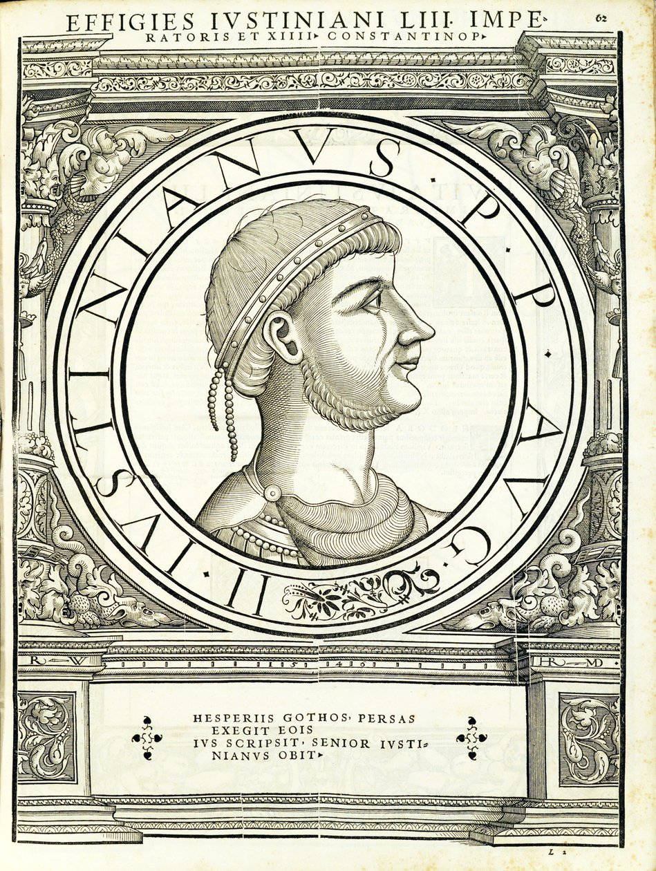Lustinianus 1 ، من القائد العام للشرق الروماني والغرب أصدق الصور للعملات القديمة ، النقش بواسطة رودولف ويسنباخ ، طبعها أندرياس هامبرغر ، زوريك بواسطة هانز رودولف مانويل جيرمان