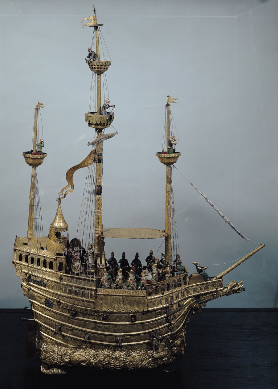 ساعة شارل الخامس الأوتوماتيكية على شكل nef c.1580 (نحاس ومينا) بواسطة هانز شلوتهايم