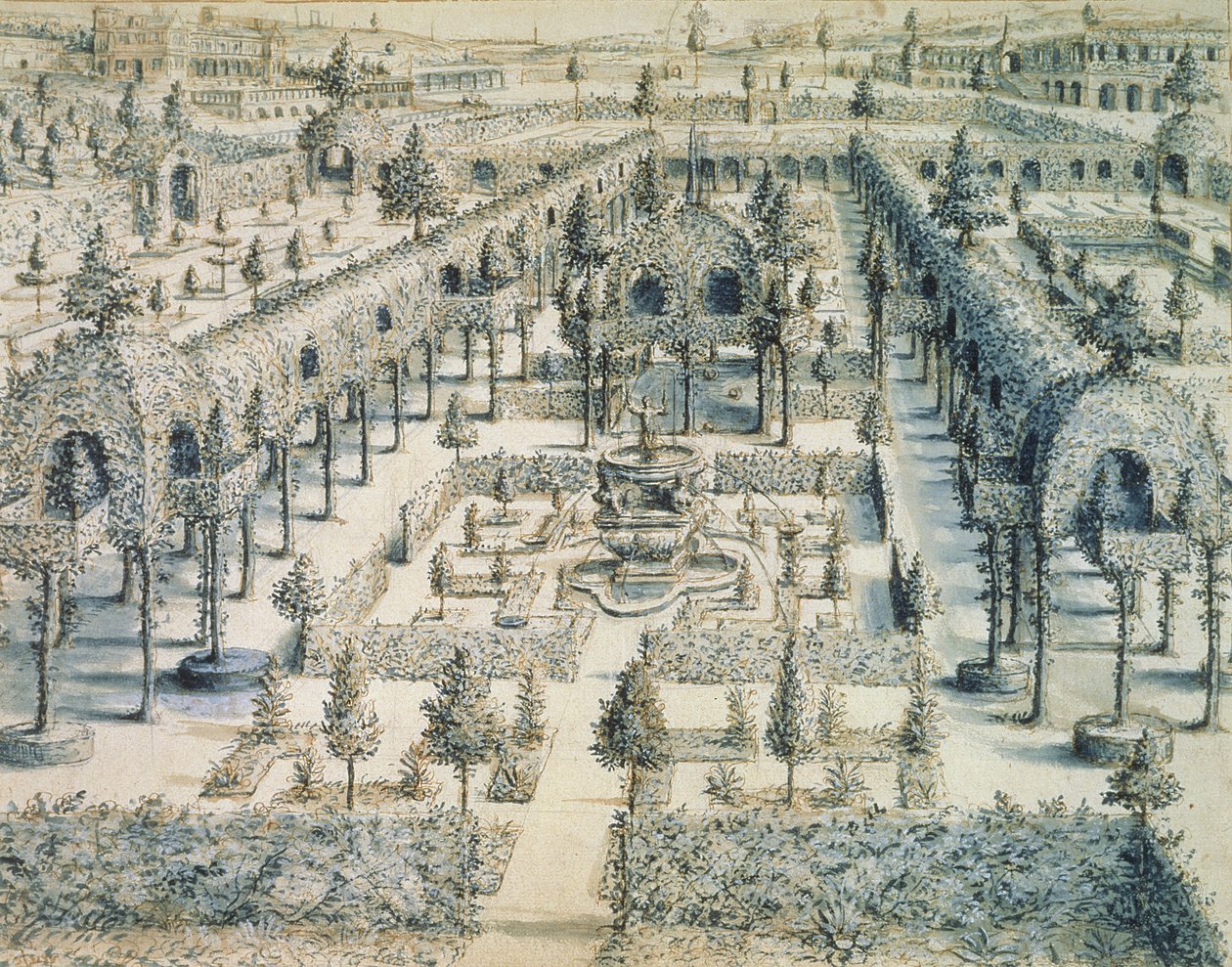 تصميم لحديقة الزينة ، 1576 (قلم ، حبر وغسل أزرق على ورق) بواسطة هانز أو جان فريدمان دي فريس