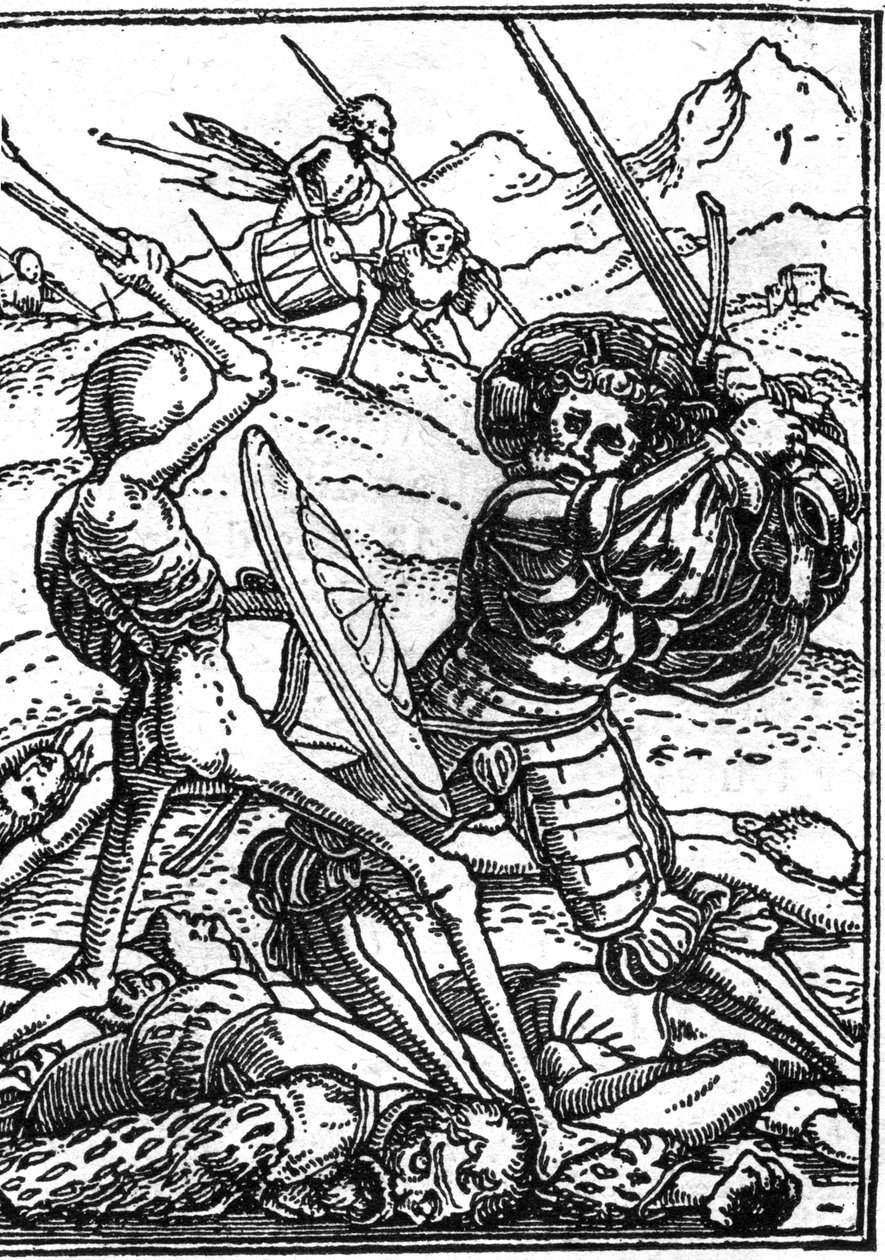 الموت الوهمي لهانس هولباين يونغ (1497-1543): الجندي. جندي يحارب الموت. تحت أقدامهم جثث المحاربين الآخرين. نقش. بواسطة هانز (بعد) هولبين الأصغر