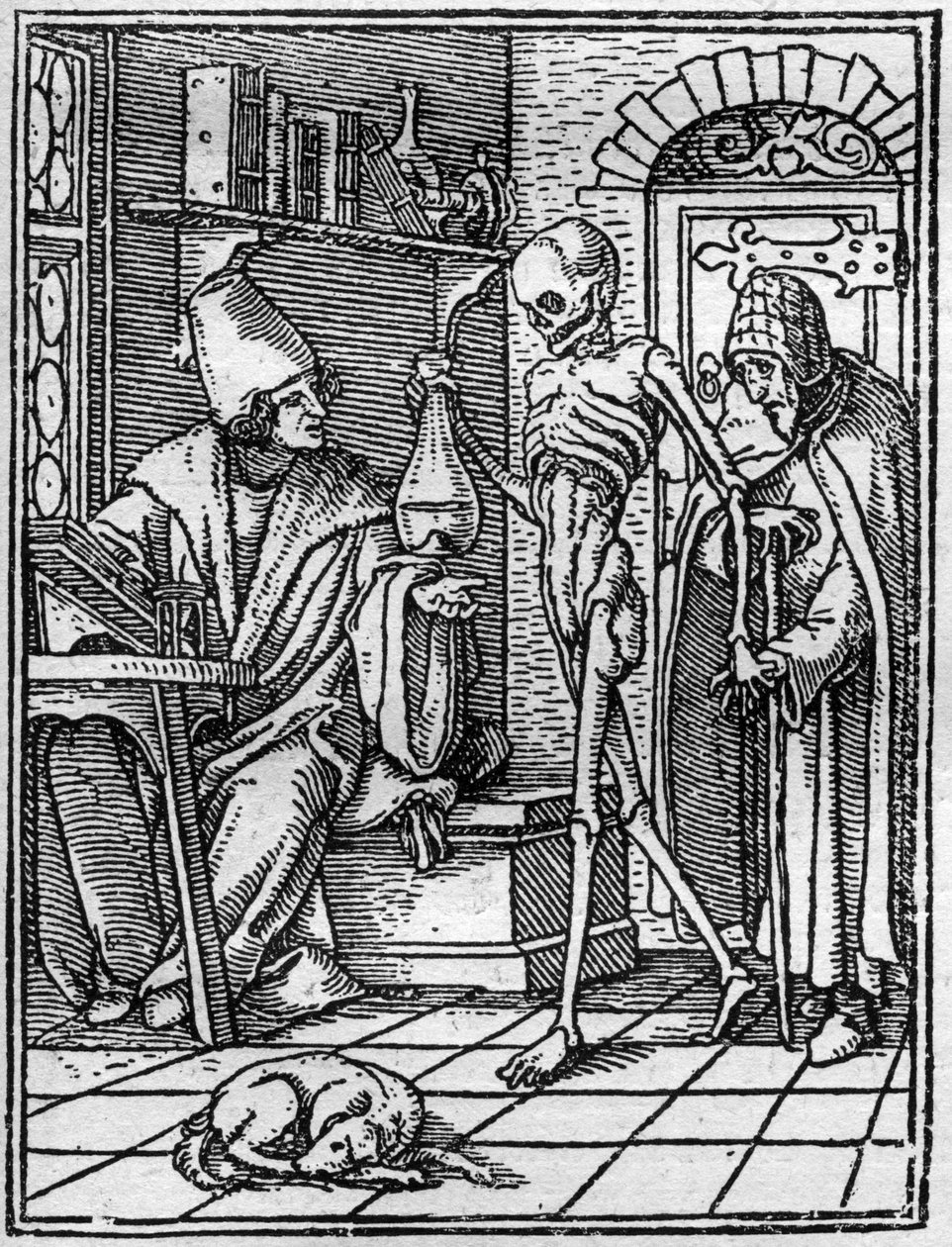 محاكاة وفاة هانز هولباين الأصغر (1497-1543): الطبيب. يأتي الموت بين الطبيب ومريضه. نقش. بواسطة هانز (بعد) هولبين الأصغر