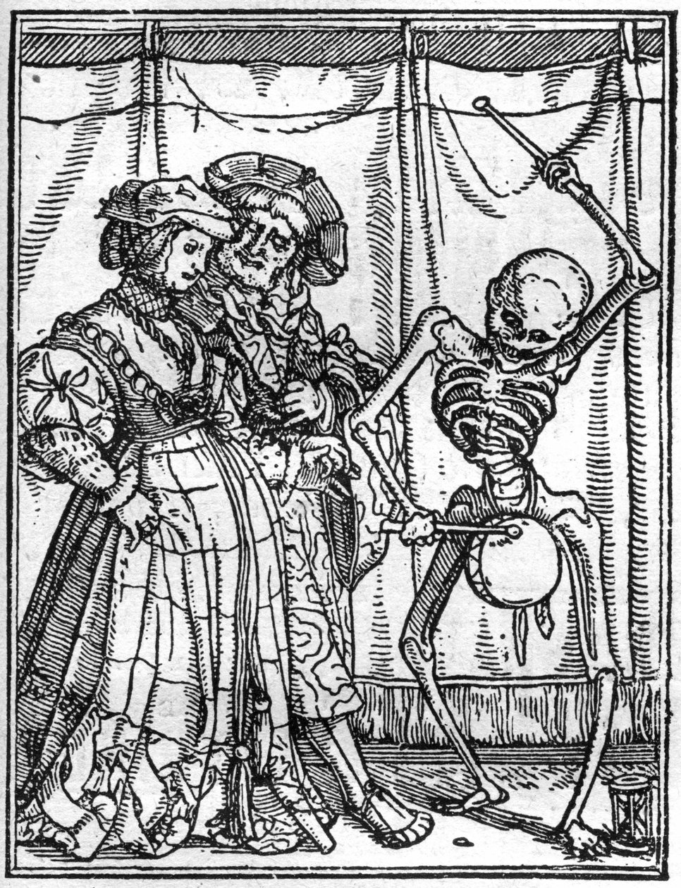 محاكاة لوفاة هانز هولبين الأصغر (1497-1543): الأزواج. الموت يعزف على الطبلة أمام الزوجين. نقش. بواسطة هانز (بعد) هولبين الأصغر