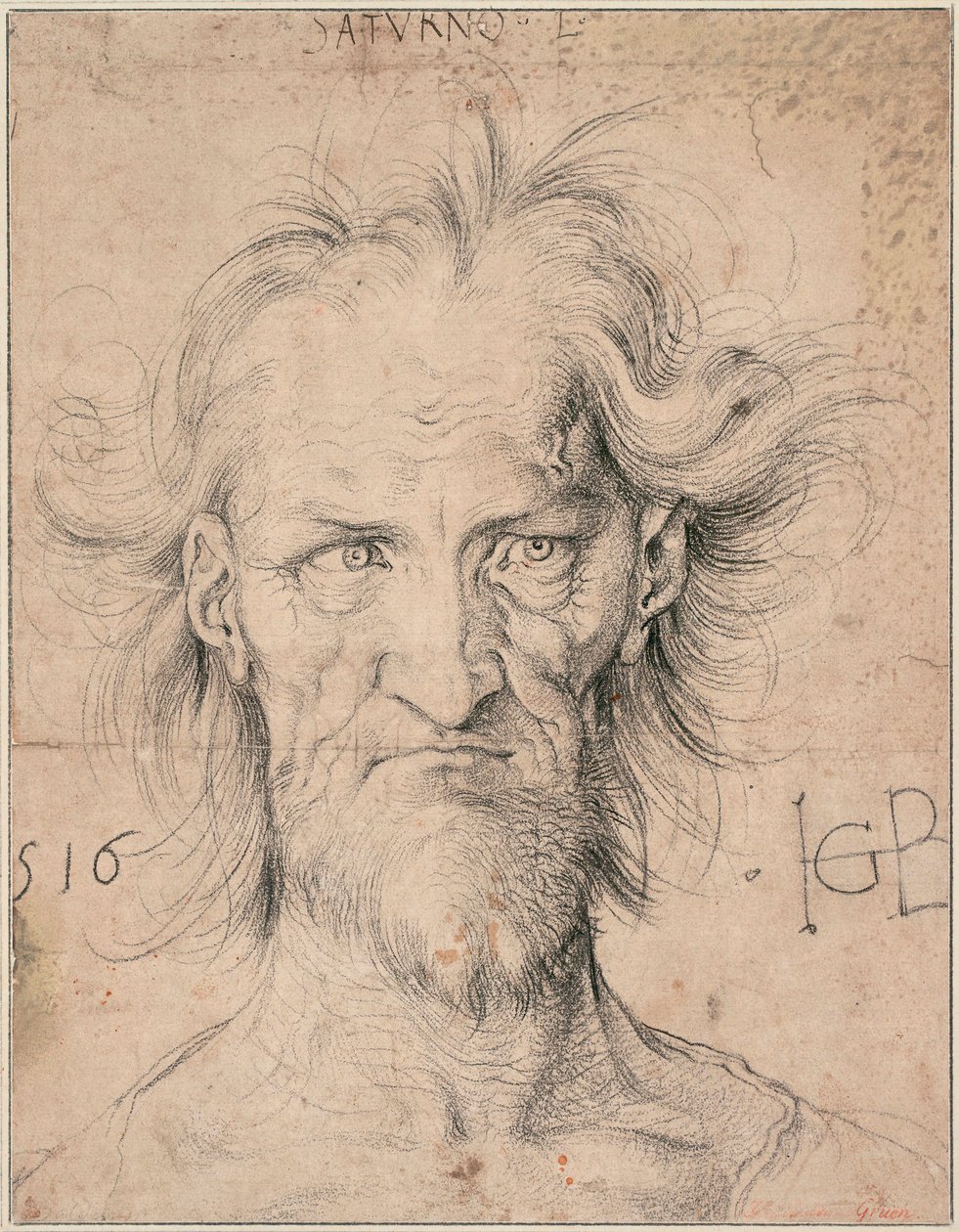 رأس رجل عجوز ملتحي ، زحل (رأس رجل عجوز ملتحي "" زحل ") - رسم بواسطة هانز بالدونغ (1484-1545) ، طباشير أسود على ورق بواسطة هانز بالدونج جرين