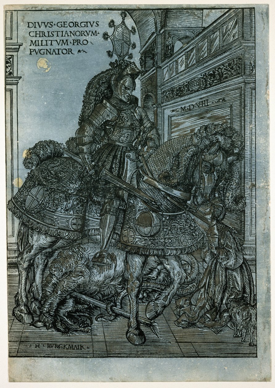 سانت جورج على ظهور الخيل ، 1508 (قطع خشبية تشياروسورو) بواسطة هانز برجكمير