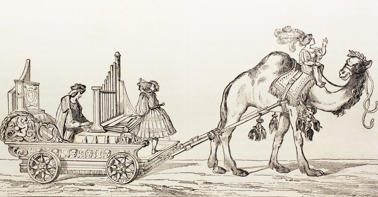 العازف بول هوفهايمر يلعب في عربة رسمها جمل ، من "El Mundo Ilustrado" ، نشر برشلونة ، 1880. بواسطة هانز برجكمير