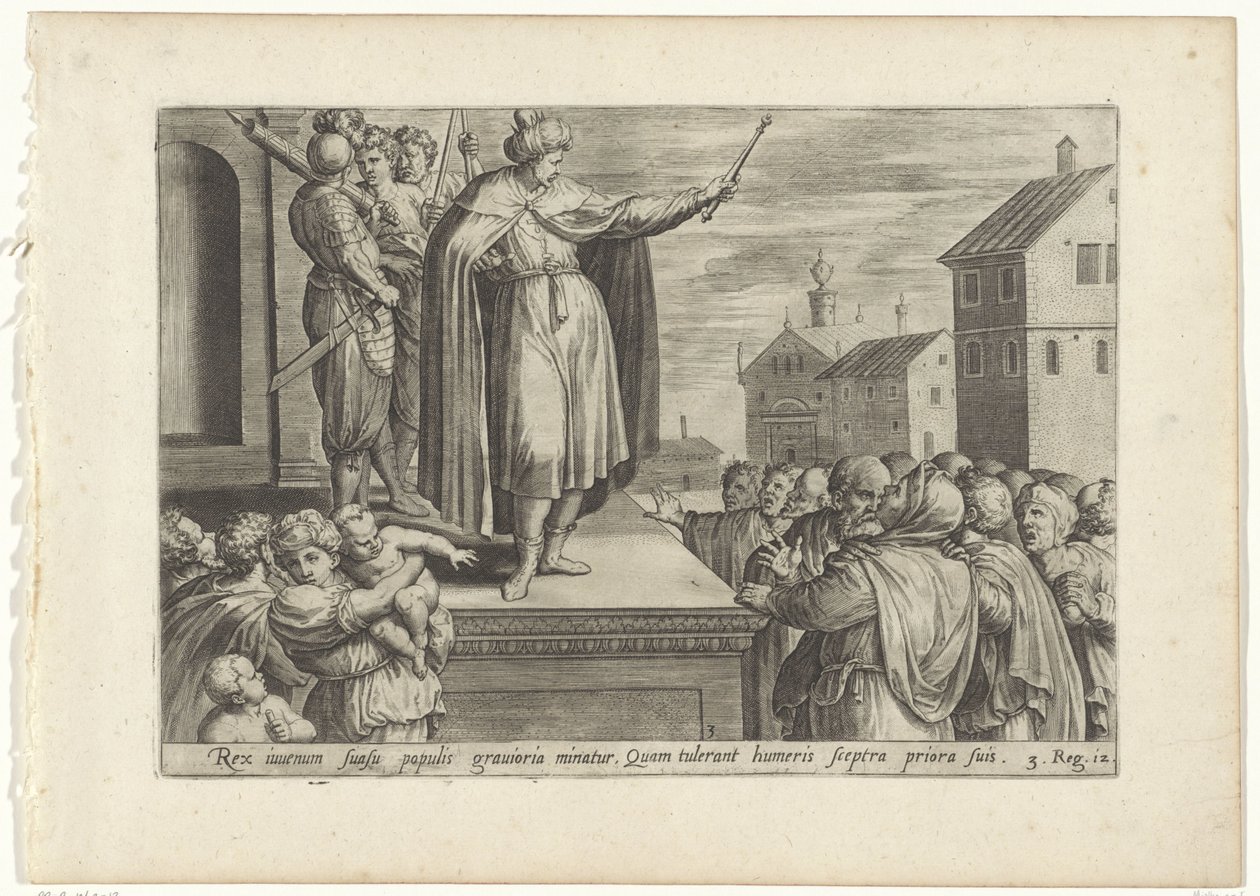 Rechabeam antwoordt het volk Geschiedenis van Jeroboam en Rechabeam (عنوان المسلسل) خزانة التاريخ المقدس للعهد القديم (...) (عنوان السلسلة) بواسطة هانز كوليرت (الأول) (منسوب إلى)