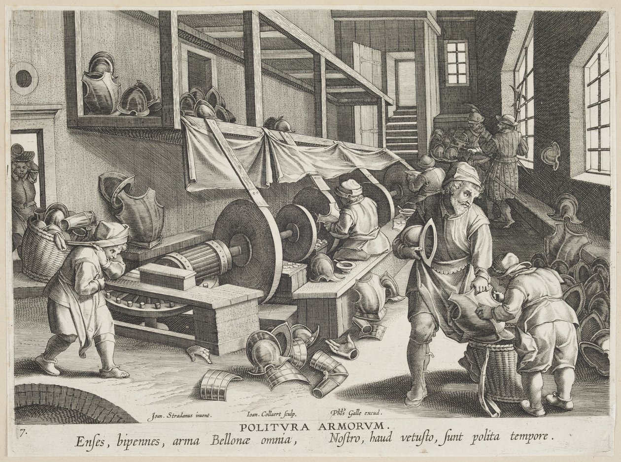 Politura Armorum (أذرع التلميع) ، اللوحة 17 من سلسلة Nova Reperta (الاكتشافات الحديثة) c.1588 (النقش على الورق المقوى) بواسطة هانز كولرت
