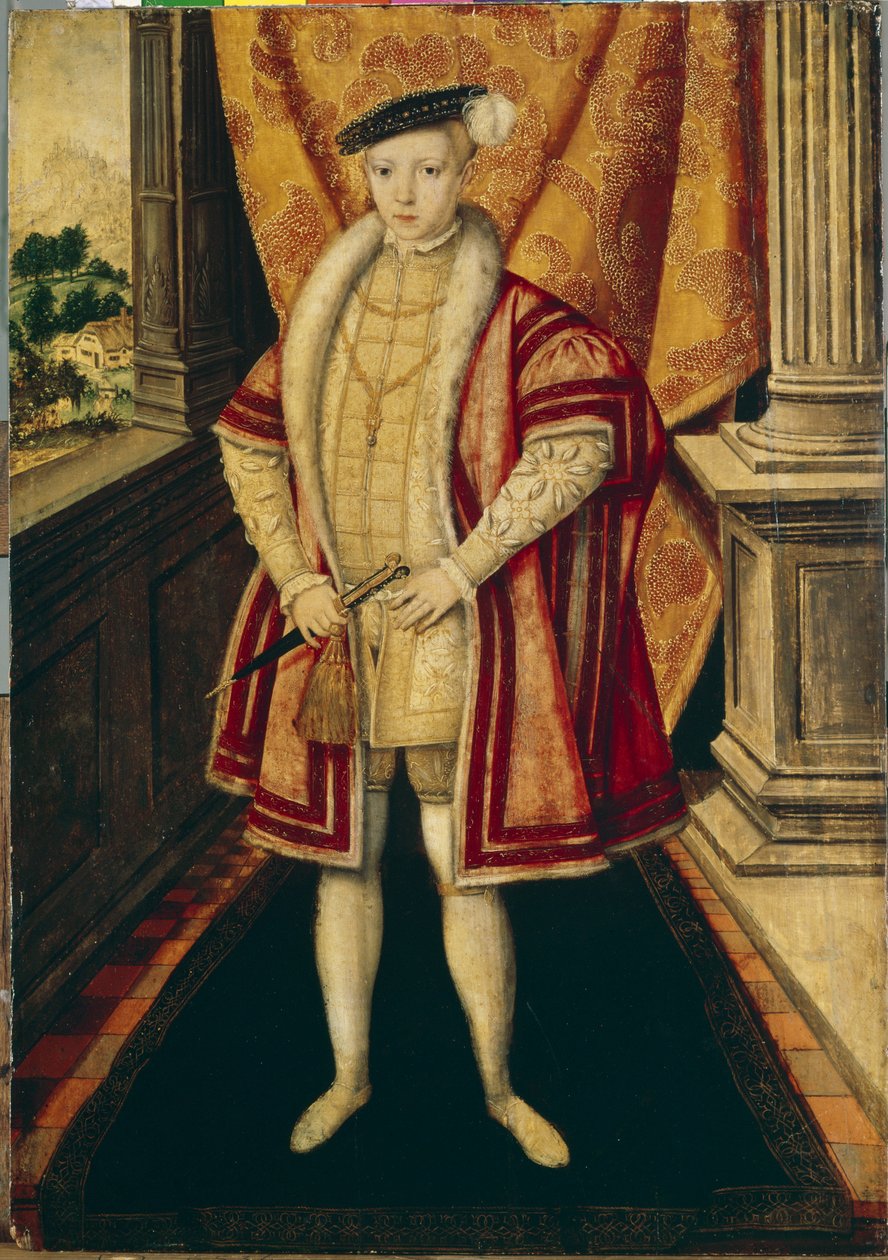 صورة للملك إدوارد السادس (1537-1553) ملك إنجلترا وأيرلندا (صورة للملك إدوارد السادس ملك إنجلترا). الحاكم الثالث لسلالة تيودور ، كان أول حاكم بروتستانتي يتولى العرش. رسم هانز إيوورث (إيووتس) (حوالي بواسطة هانز إيورث أو إيوتزز