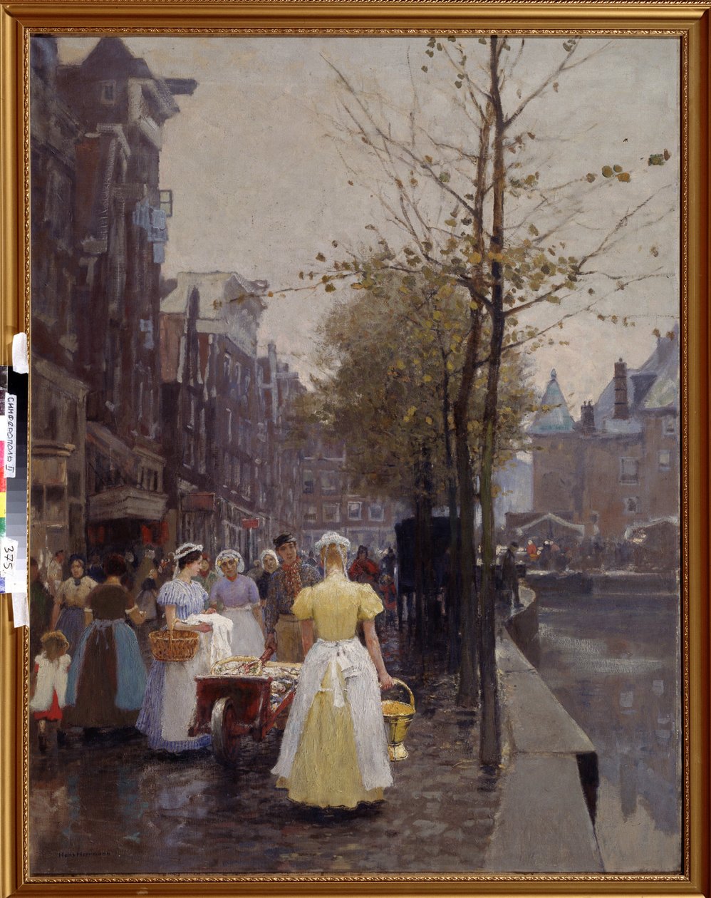 "" October Morning in the Streets of Amsterdam "(صباح أكتوبر في أمستردام) الخدم مشغولون في الشوارع. رسم هانز هيرمان (1813-1890) متحف الفن الإقليمي في القرن التاسع عشر ، سيمفيروبول أوكرانيا بواسطة هانز هيرمان