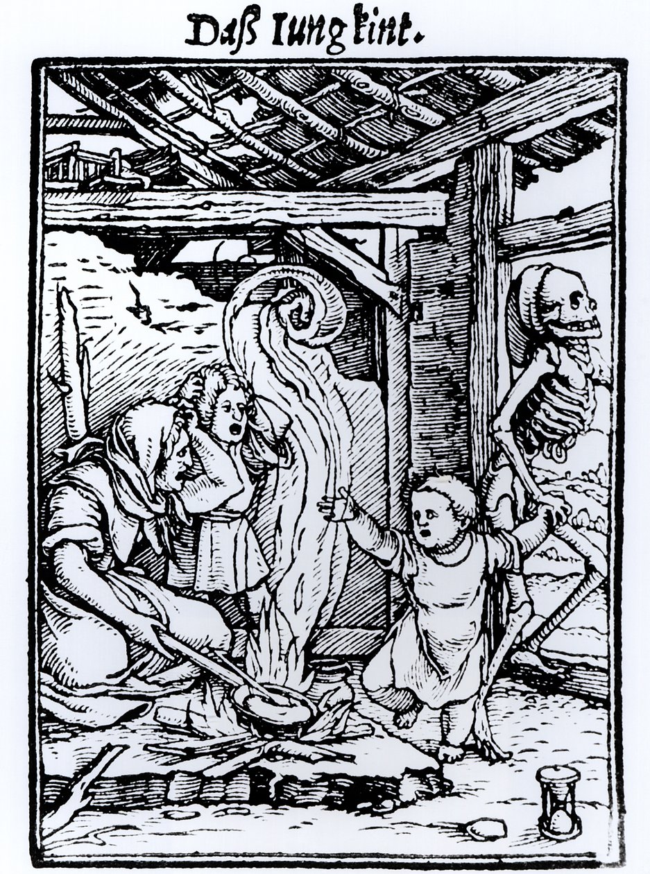 وفاة أخذ طفل ، من سلسلة "رقصة الموت" ، نقشها هانز لوتزلبرغر ، c.1526-8 بواسطة هانز هولبين الأصغر