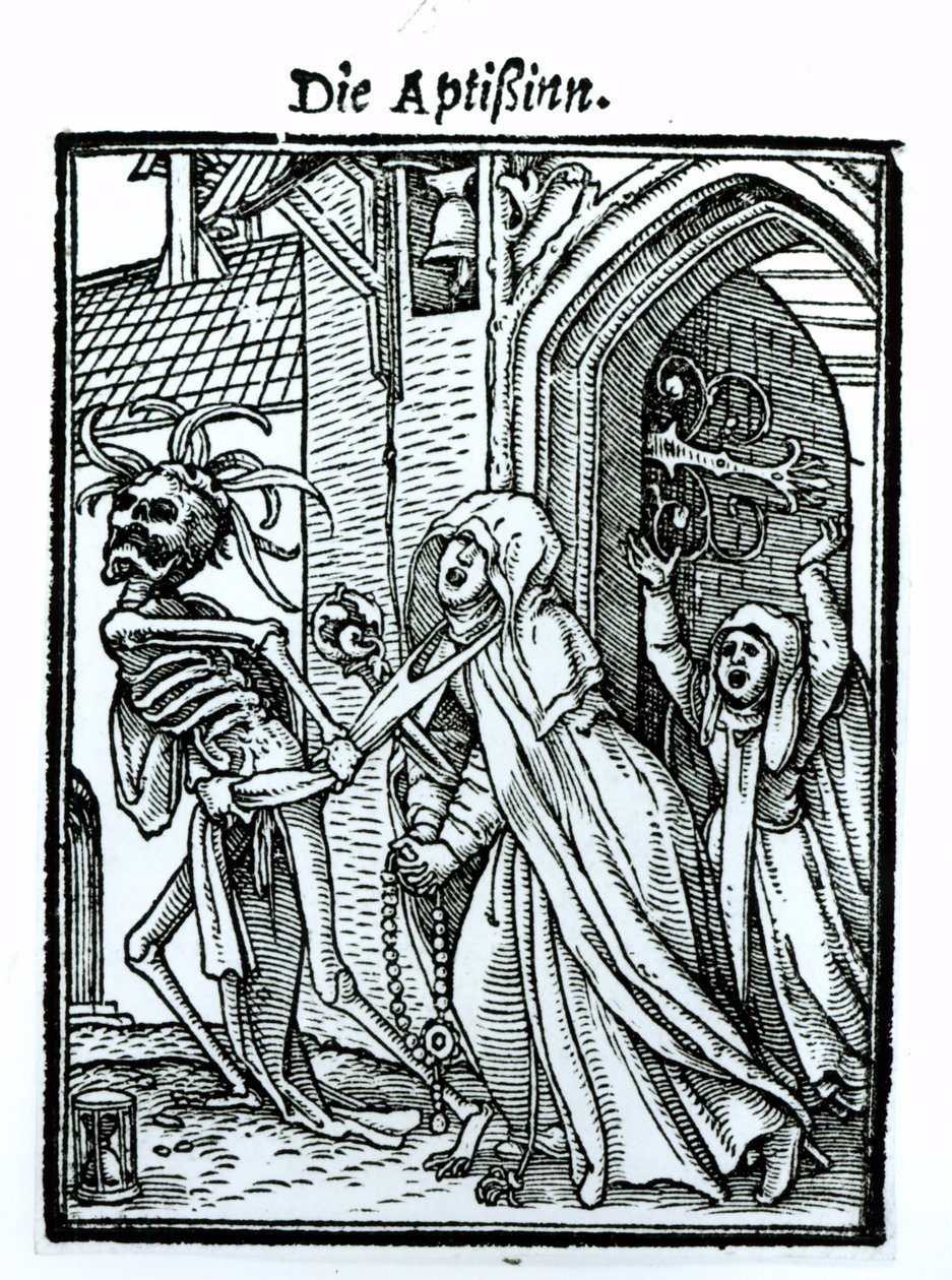الموت والدير ، من "رقصة الموت" ، نقشها هانز لوتزلبرغر ، c.1538 بواسطة هانز هولبين الأصغر