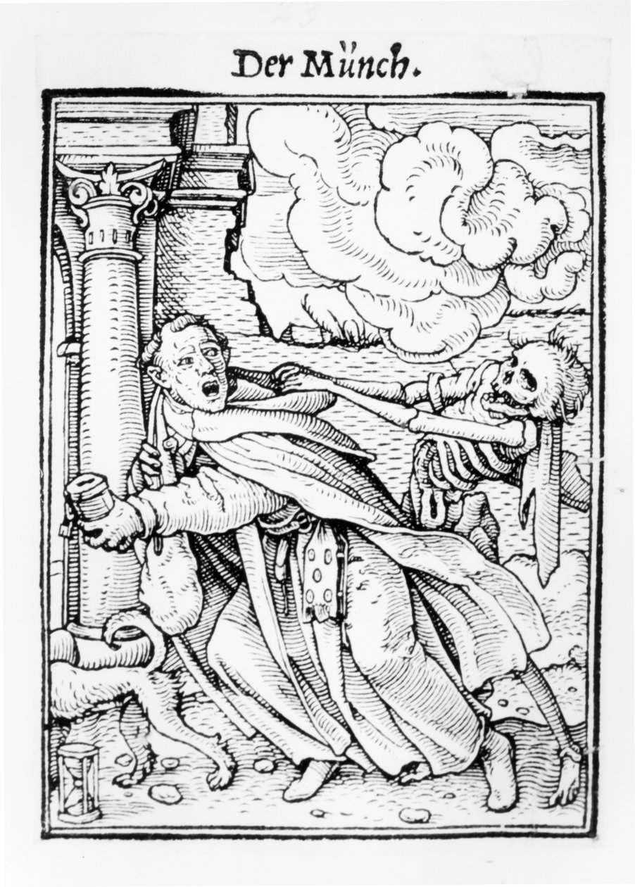 الموت و الراهب المتسول ، من "رقصة الموت" ، نقش هانز لوتزلبيرغر ، c.1538 بواسطة هانز هولبين الأصغر