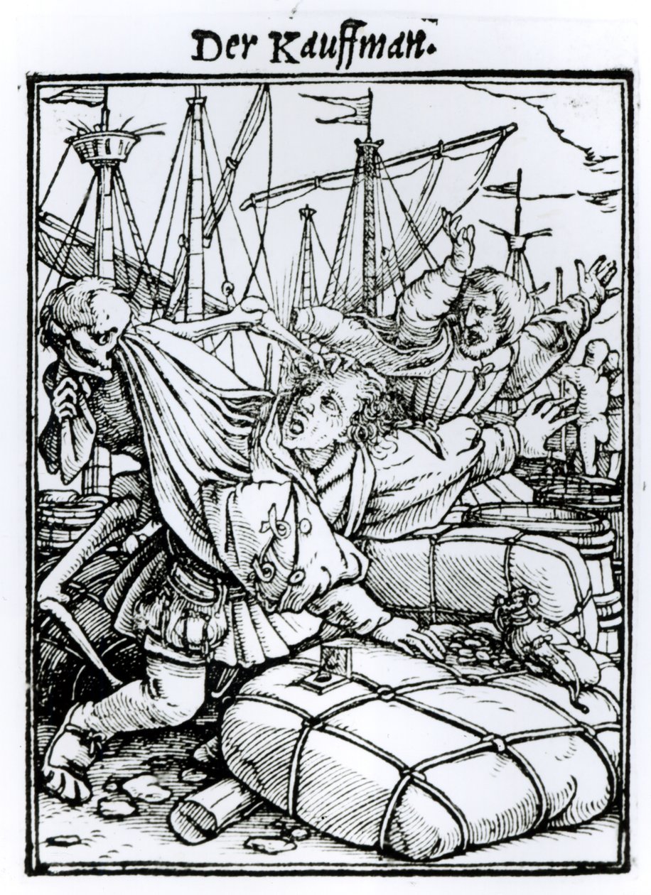 الموت والتاجر ، من "رقصة الموت" ، نقش هانز لوتزلبورغر ، c.1538 بواسطة هانز هولبين الأصغر