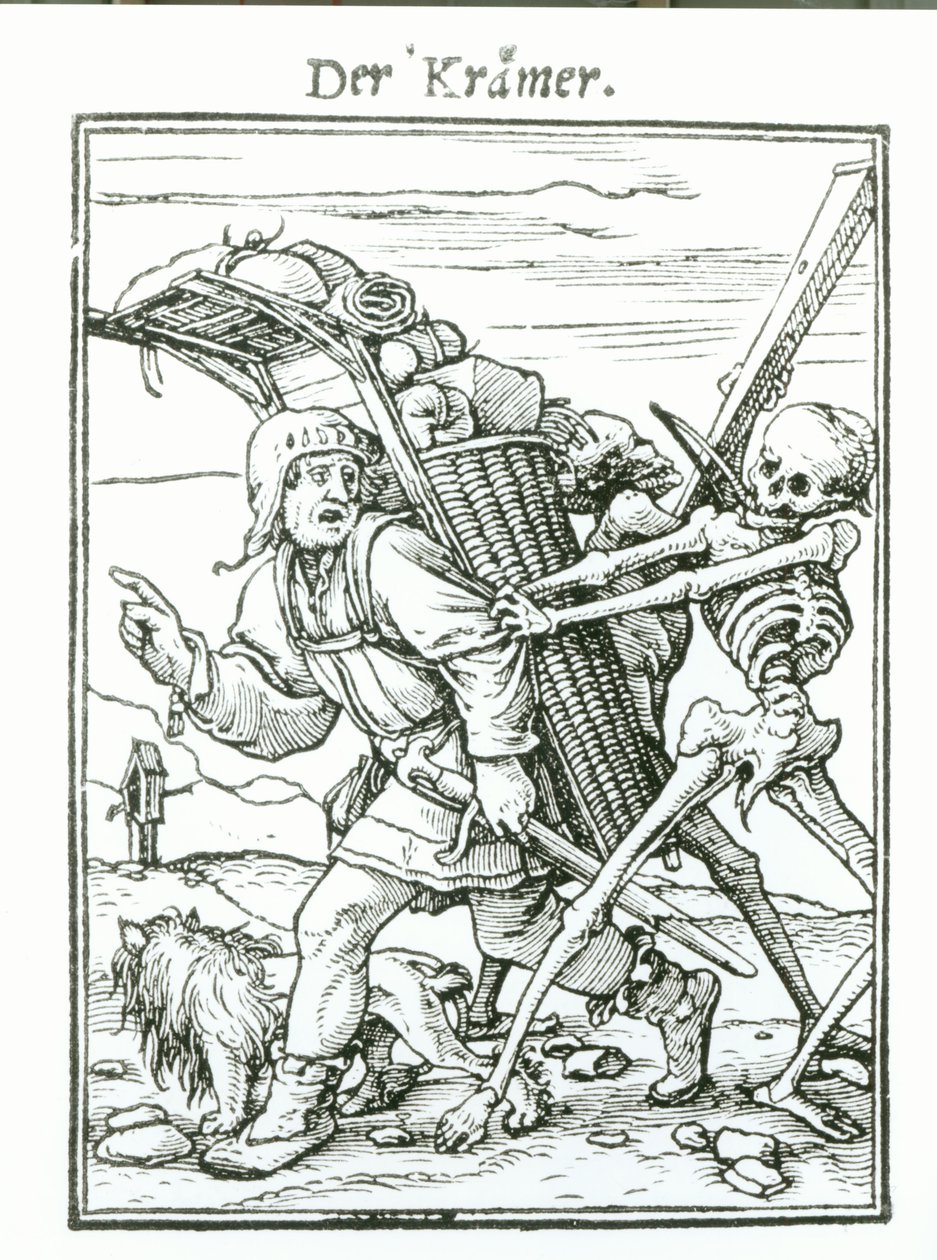 الموت و Pedlar ، من `` رقصة الموت &39;&39; ، نقشها هانز لوتزلبرغر ، c.1538 بواسطة هانز هولبين الأصغر