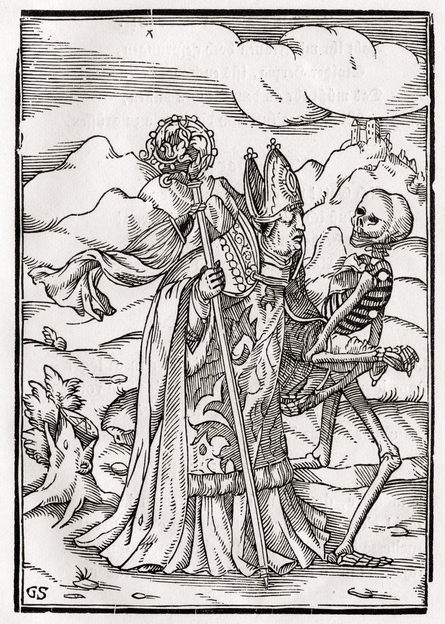 يأتي الموت إلى الأسقف ، الذي نقشه جورج Scharffenberg ، من "Der Todten Tanz" ، نشر بازل ، 1843 بواسطة هانز هولبين الأصغر