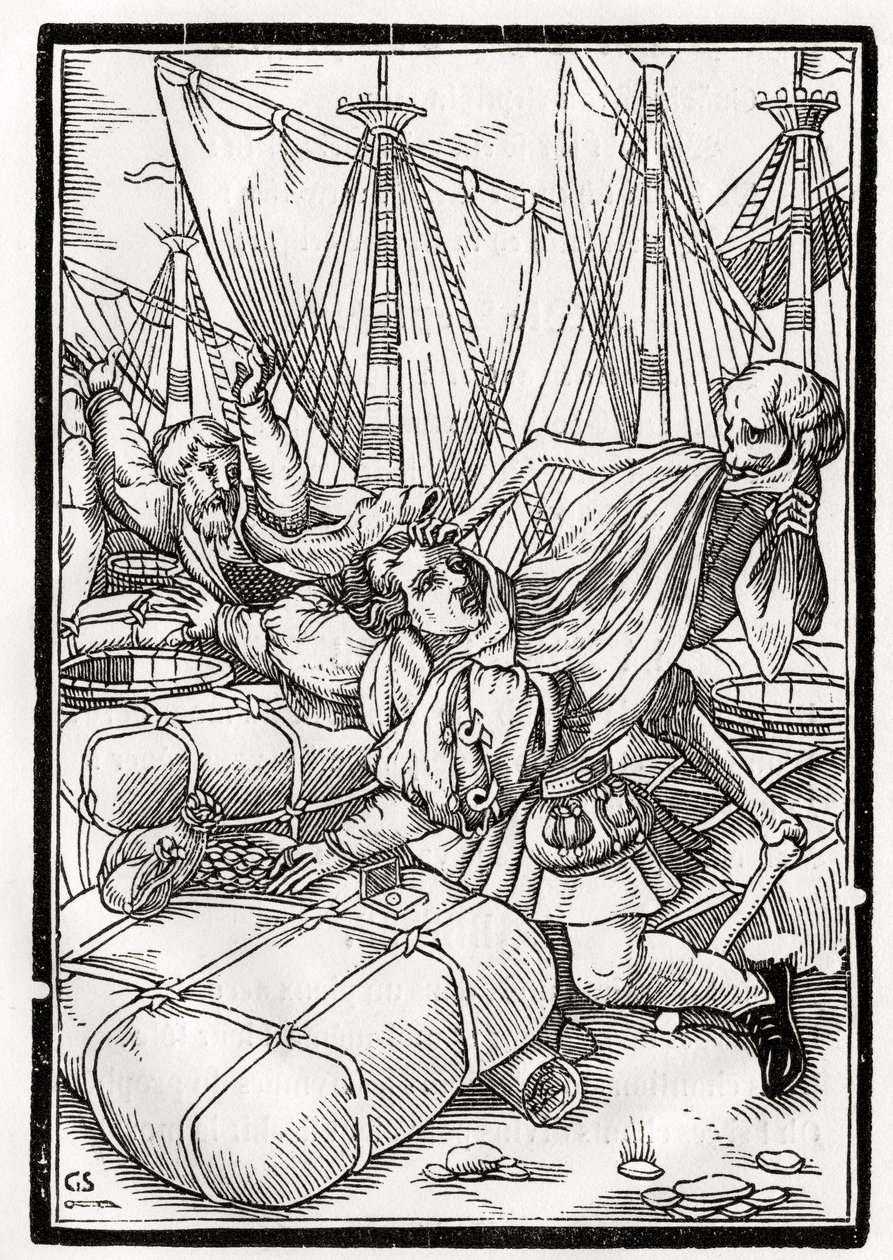 يأتي الموت إلى التاجر ، الذي نقشه جورج Scharffenberg ، من "Der Todten Tanz" ، نشر بازل ، 1843 بواسطة هانز هولبين الأصغر