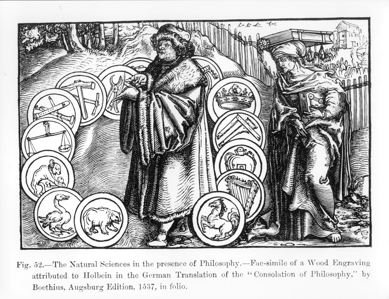 العلوم الطبيعية في وجود الفلسفة ، من الطبعة الألمانية 1537 من "عزاء الفلسفة" من قبل Boethius ، التوضيح من "العلوم والأدب في العصور الوسطى ورينيه بواسطة هانز هولبين الأصغر