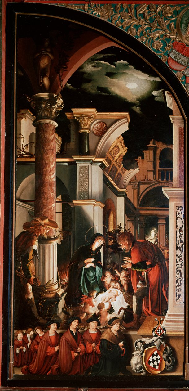 Altarpiece Oberried: “The Adoration of Shepherds”” Detrempe on wood by Hans Holbein the Young (1497/8-1543) 1521-1522 Sun. 231x109 cm Cathedrale de Fribourg, Switzerland بواسطة هانز هولبين الأصغر
