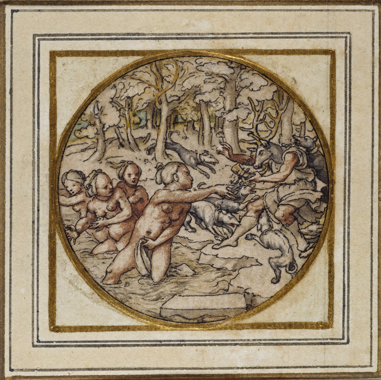 Diana and Actaeon - Design for a pendant or hat badge, c.1532-43 (pen & ink on paper) بواسطة هانز هولبين الأصغر