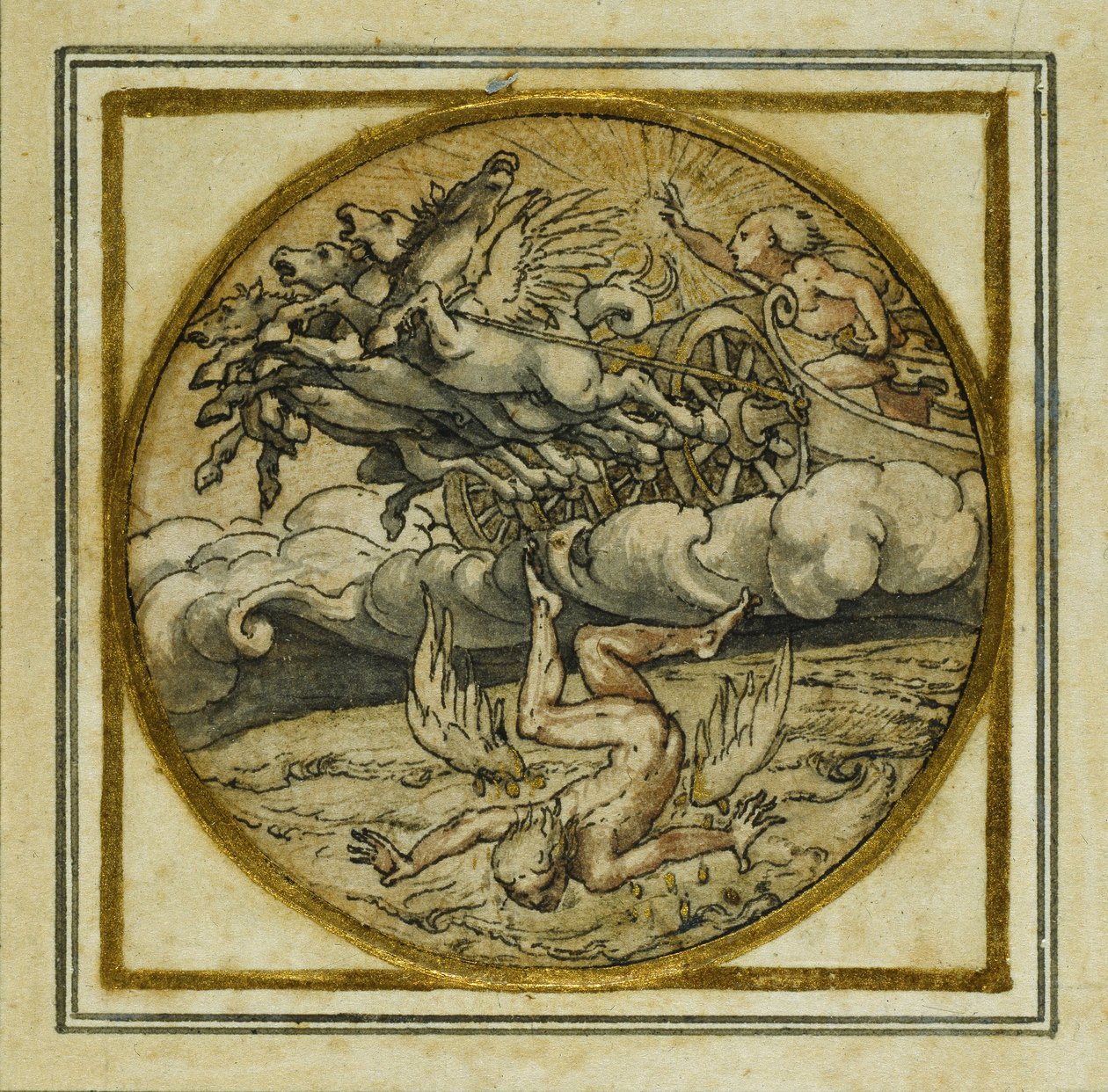 The Fall of Icarus - Design for a pendant or hat badge, c.1532-43 (pen & ink on paper) بواسطة هانز هولبين الأصغر