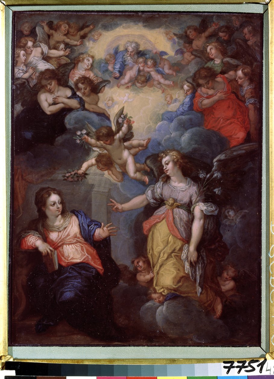 البشارة. رسم هانز روتنهامر جروين (1564-1625). زيت على نحاس ٣٧ × ٢١ سم. الفن الألماني ، الأسلوب. متحف الدولة للفنون الأجنبية لجمهورية لاتفيا ، ريغا (لاتفيا). بواسطة هانز الأول أو يوهان روتنهامر