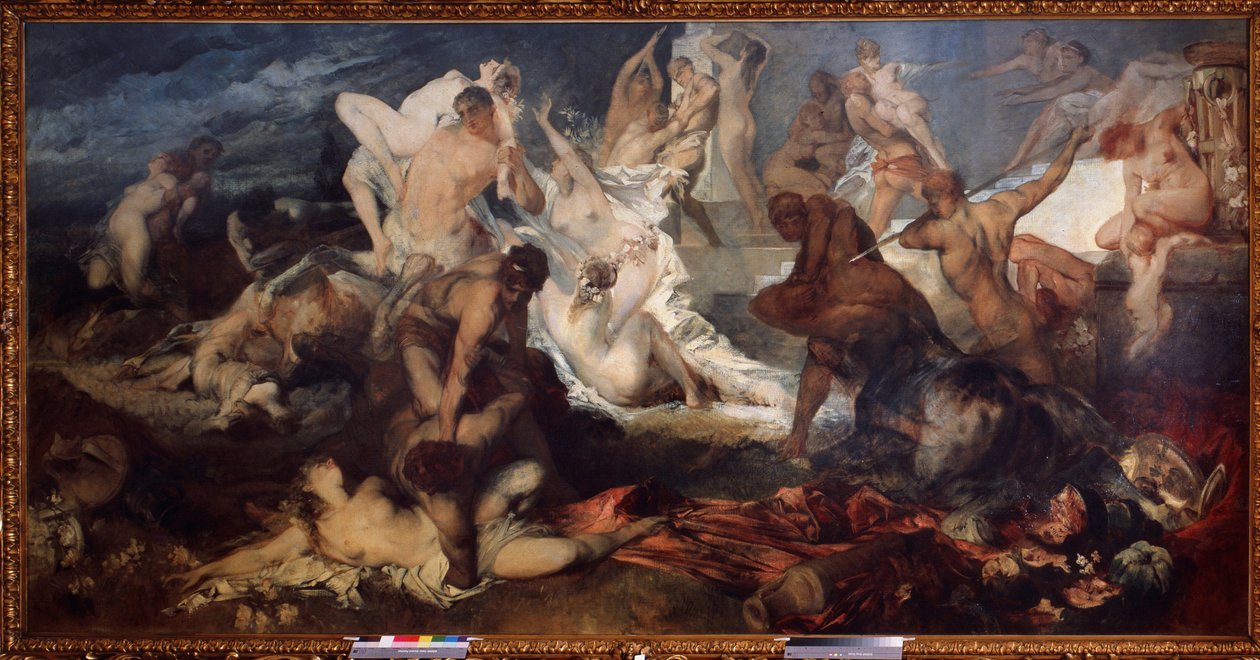 معركة القنطور و Lapiths أو Laphites (معركة Centaurs و Lapiths). في الأساطير اليونانية ، ذبح Lapiths القنطور. رسم هانز ماكارت (1840-1884). زيت على قماش. الفن النمساوي ، فترة الفن الحديث. متحف الدولة F بواسطة هانز ماكارت