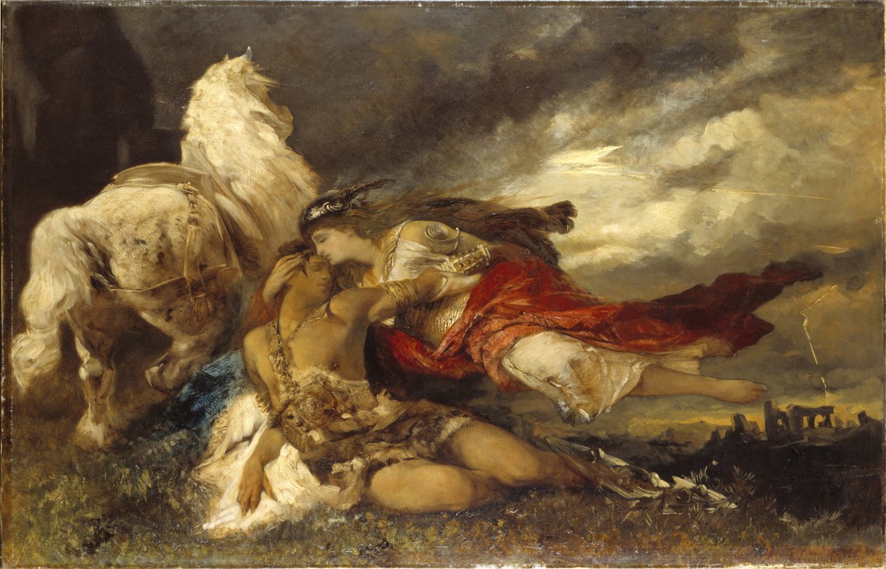Valkyrie et un heros mourant - Valkyrie and a Dying Hero ، بقلم ماكارت ، هانز (1840-1884). زيت على قماش. الأبعاد: ١٣٠ × ٢٠٠ سم. المتحف الوطني ستوكهولم بواسطة هانز ماكارت