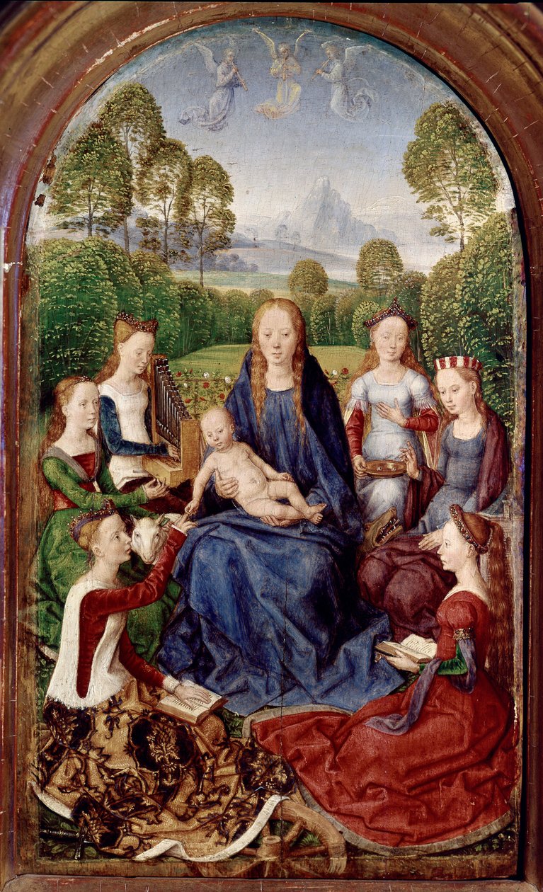 Diptych of Jean du Cellier: Virgin and six saints (oil on panel بواسطة هانز مملينج