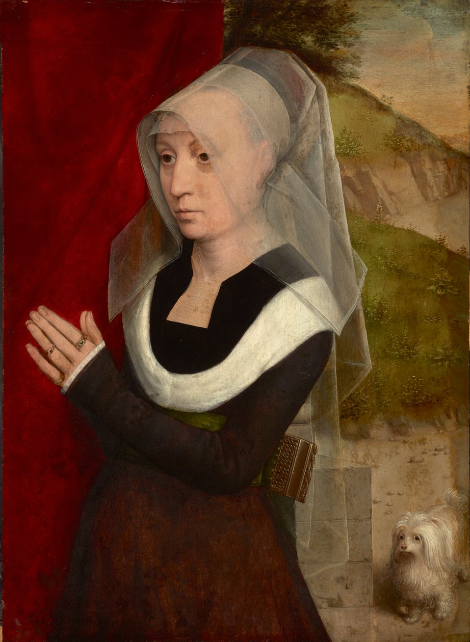 Femme en priere avec son chien - تصلي المرأة مع كلبها ، بواسطة Memling ، Hans (1433 / 40-1494). زيت على خشب بواسطة هانز مملينج