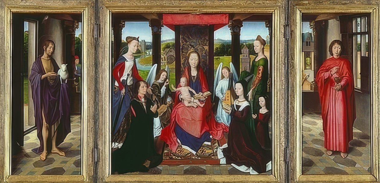 العذراء والطفل مع القديسين (The Donne Triptych). حوالي 1478 بواسطة هانز مملينج
