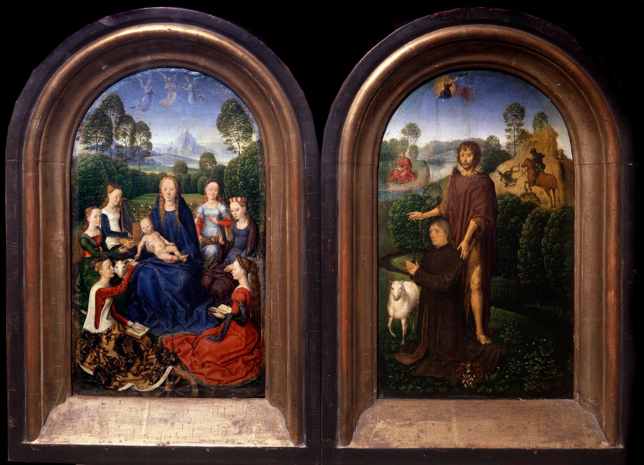 العذراء والطفل محاطان بـ Saintes ، المانح والقديس يوحنا المعمدان Diptych - لوحة بواسطة Hans Memling (1435-1494) (ec flam) القرن الخامس عشر ، باريس ، متحف اللوفر بواسطة هانز مملينج