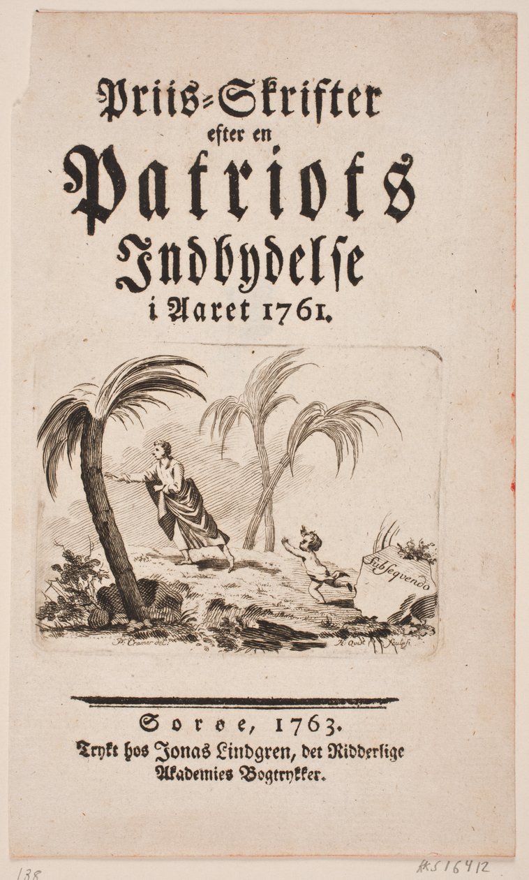 صفحة العنوان مع المقالة القصيرة لـ "Prize-Skrifter بعد دعوة Patriot في عام 1761" بواسطة هانسكيست