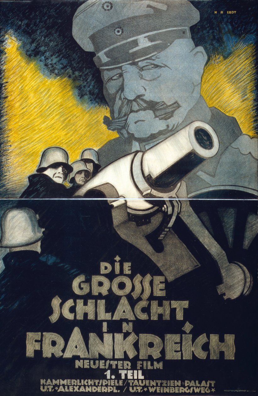 ملصق لفيلم الحرب العالمية الأولى "Die Grosse Schlacht in Frankreich" الجزء الأول (المعركة الكبرى في فرنسا): مدفعي ألمان يطلقون قذيفة هاون. المشير هيندنبورغ شاهق في الخلفية. هانز رودي إردت (1883-1918) فنان ألماني بواسطة هانز رودي إردت