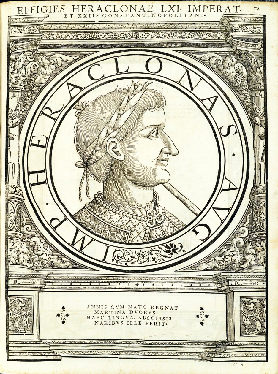 Heraclonas ، من القائد العام للشرق الروماني والغرب أصدق الصور من العملات القديمة ، نقش رودولف ويسنباخ ، طبعها أندرياس جيسنر ، زيوريخ ، بواسطة هانز رودولف مانويل جيرمان