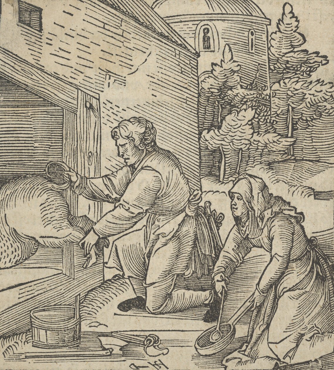 مزارع يذبح خنزيرًا ، من Hymmelwagen auff dem ، wer wol leben ... ، 1517. بواسطة هانز شوفلين الأكبر
