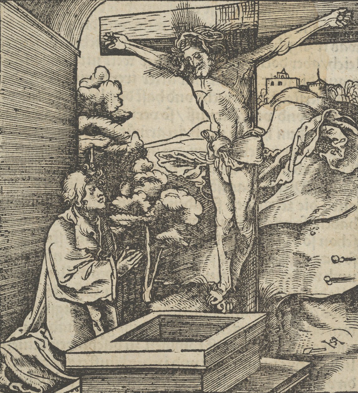 رجل يصلي قبل الصليب ، من Hymmelwagen auff dem ، wer wol Leben ... ، 1517. بواسطة هانز شوفلين الأكبر