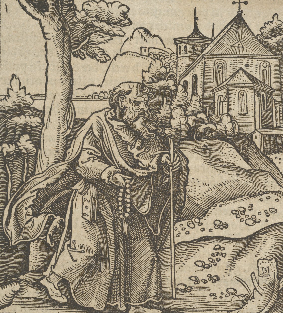 حاج قديم يمشي إلى اليمين ، من Hymmelwagen auff dem ، wer wol Leben ... ، 1517. بواسطة هانز شوفلين الأكبر