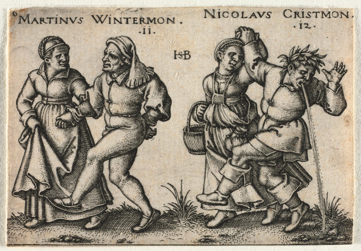 عرس الفلاحين أو الاثني عشر شهرا: 11-Martinus Wintermon 12-Nicolaus Cristmon ، 1546. بواسطة هانز سيبالد بهام