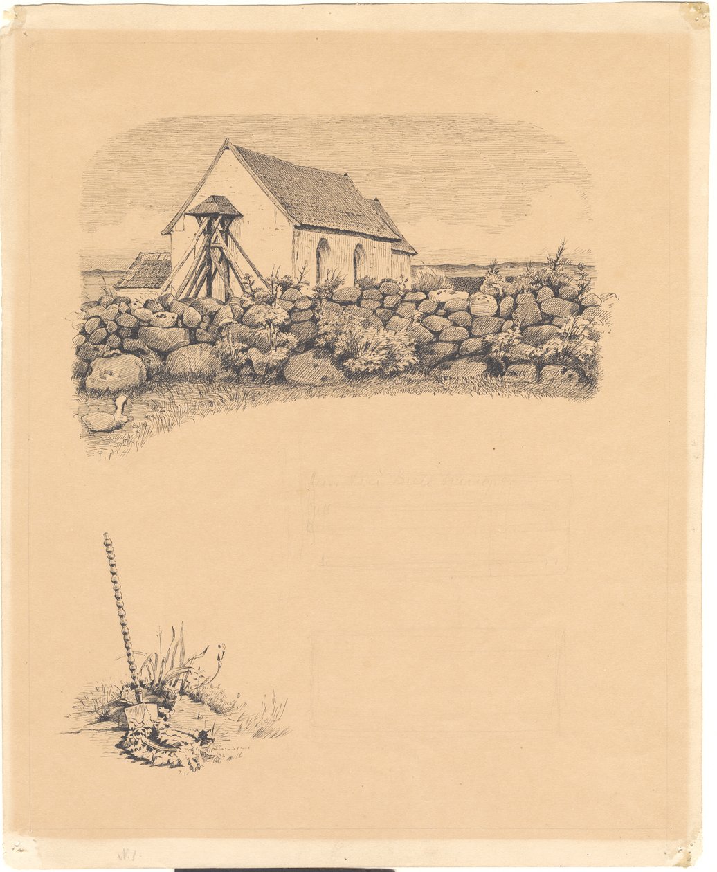 رسم توضيحي لـ St. شارع. المدرجات: "جزازة". Fo: كنيسة خلف الحجارة. fn: مكان الدفن (؟) مع الأشياء بأسمائها الحقيقية بواسطة هانز سميث