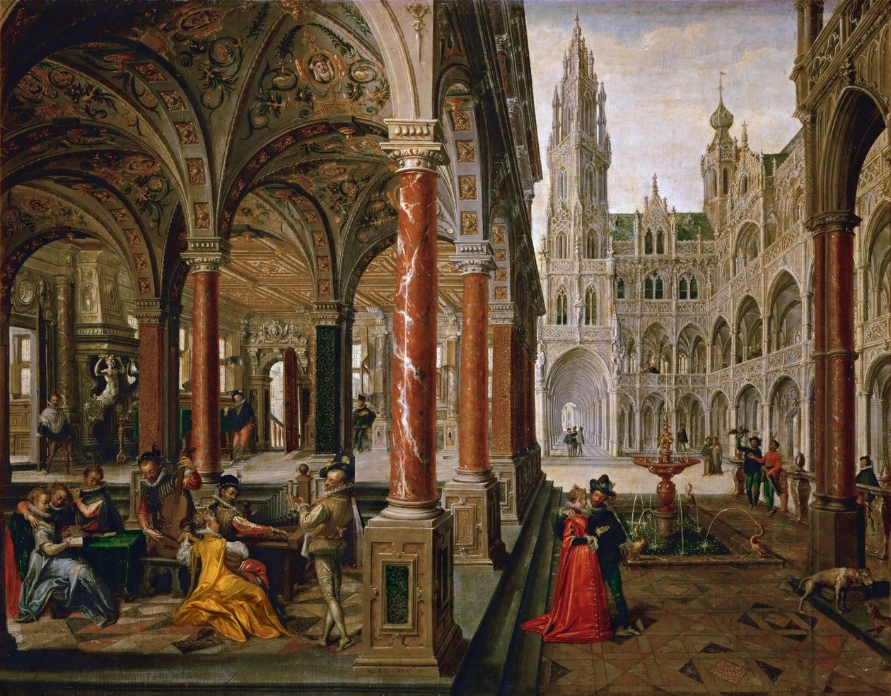 قصر مع موسيقيين - هانز فريدمان دي فريس (جان دي فريز أو فريدمان دي فريز) (1526-1606). زيت على قماش بواسطة هانز فريدمان دي فريس
