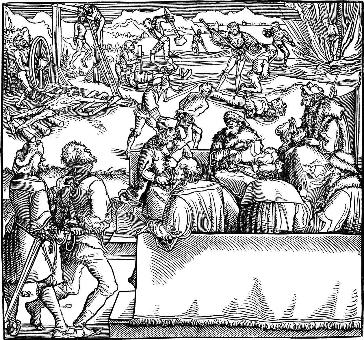 جلسة المحكمة. رسم توضيحي من كتاب Phisicke Against Fortune بواسطة Petrarch ، 1532 بواسطة هانز ويديتز الأصغر