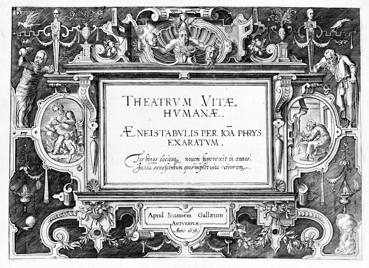 صفحة العنوان لـ "Theatrum Vitae Humanae" ، محفورة بواسطة Johannes Wierix (1549-c.1618) أعيد طبعها عام 1638 بواسطة هانز أو جان فريدمان دي فريس