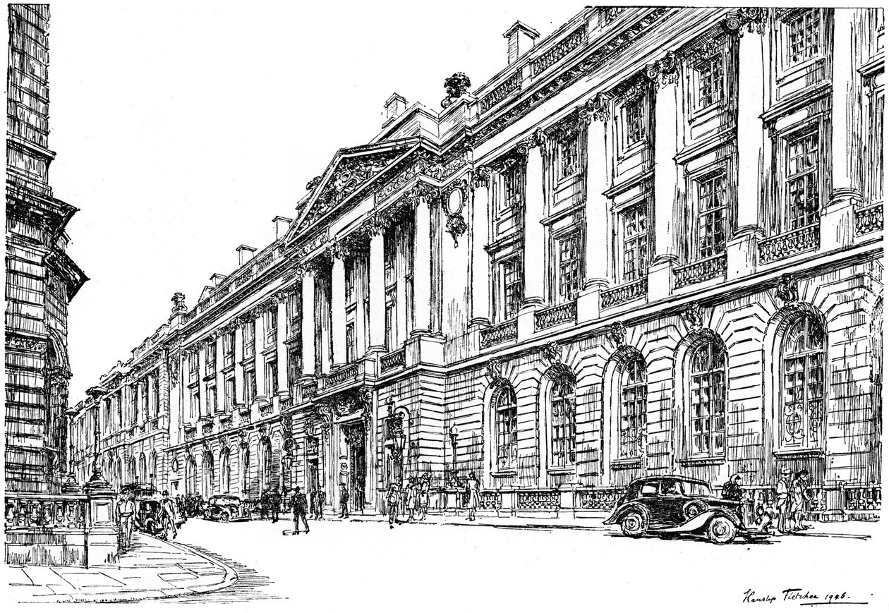 الجزء الخارجي من RAC Clubhouse في Pall Mall ، لندن ، 1946. بواسطة هانسليب فليتشر