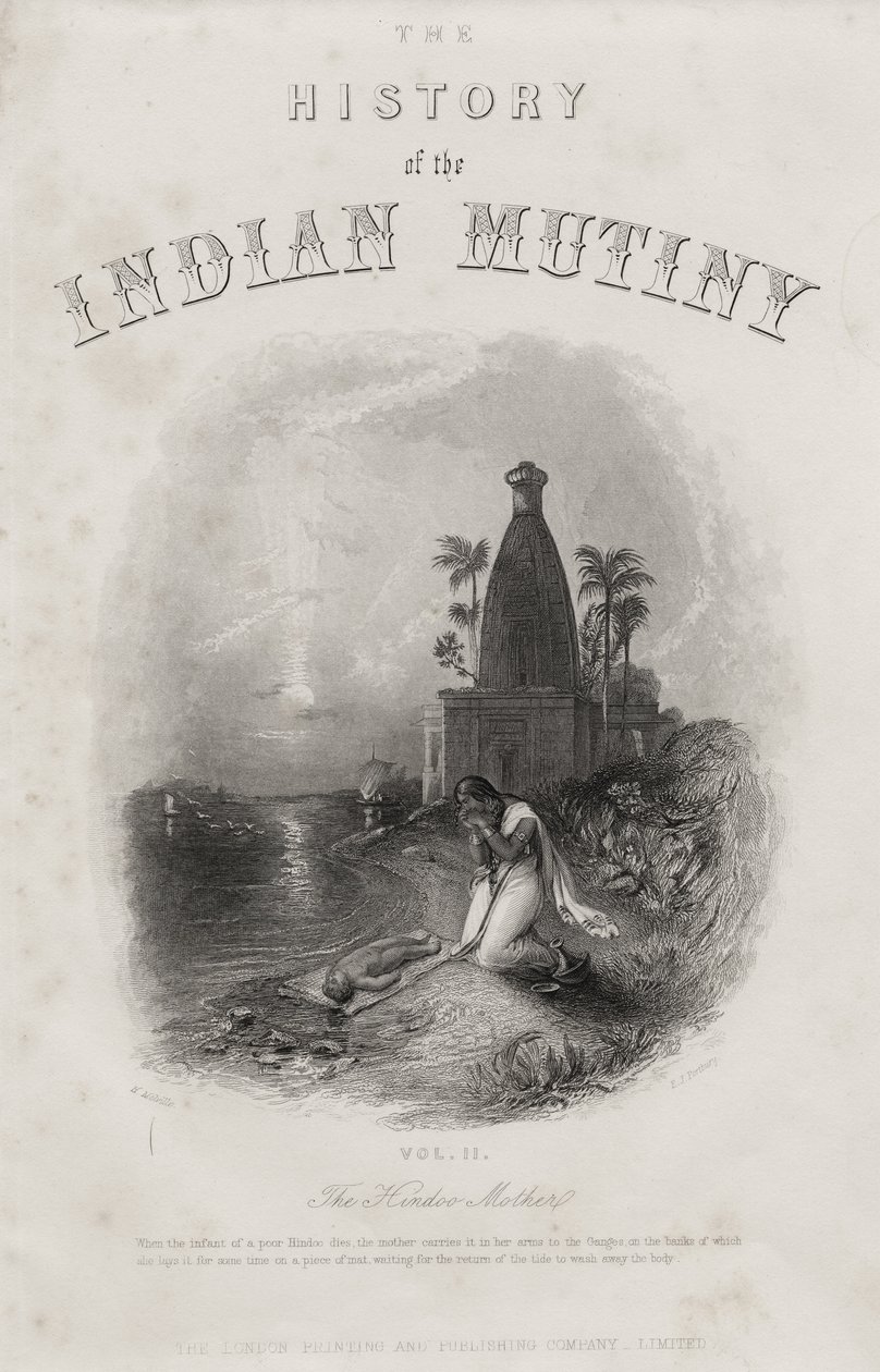 The Hindoo Mother ، نقشها EJ Portbury ، صفحة العنوان من "تاريخ التمرد الهندي" ، نُشر عام 1858 بواسطة هاردن سيدني ملفيل