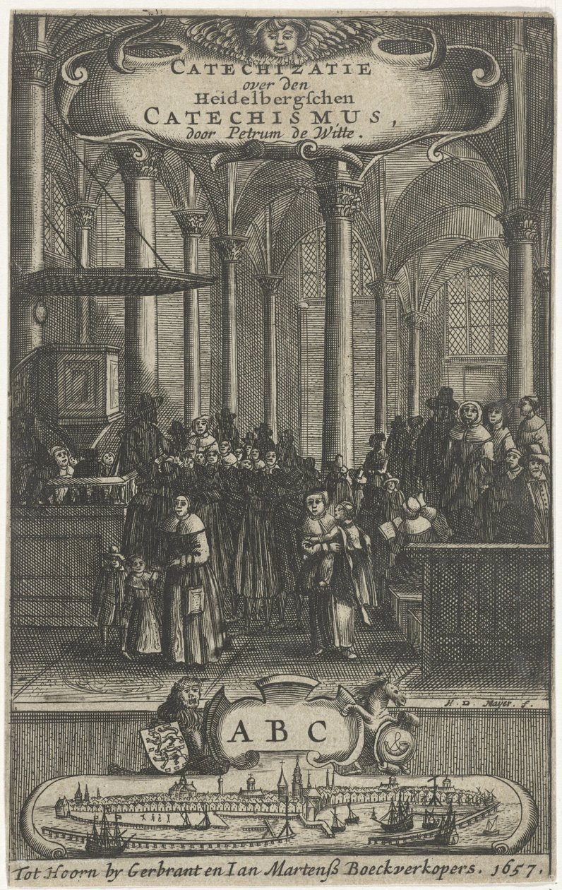 داخل الكنيسة صفحة العنوان لـ: P. de Witte ، التعليم المسيحي حول Heidelbergschen Catechismus ، 1657 بواسطة هارمن دي ماير