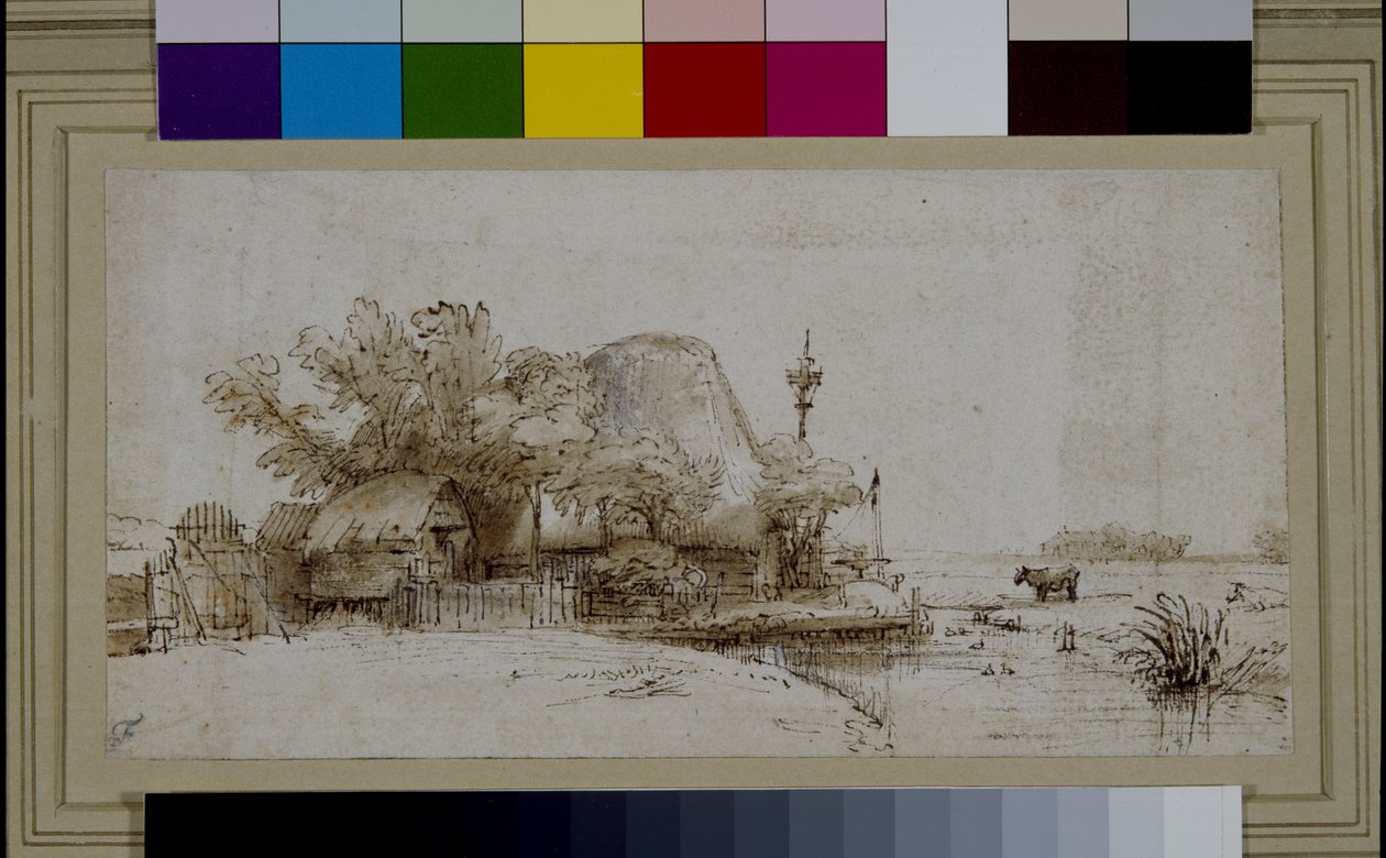 Landscape with a farmhouse by a river (pen & ink on paper) بواسطة هارمنز فان راين (بعد) رامبرانت