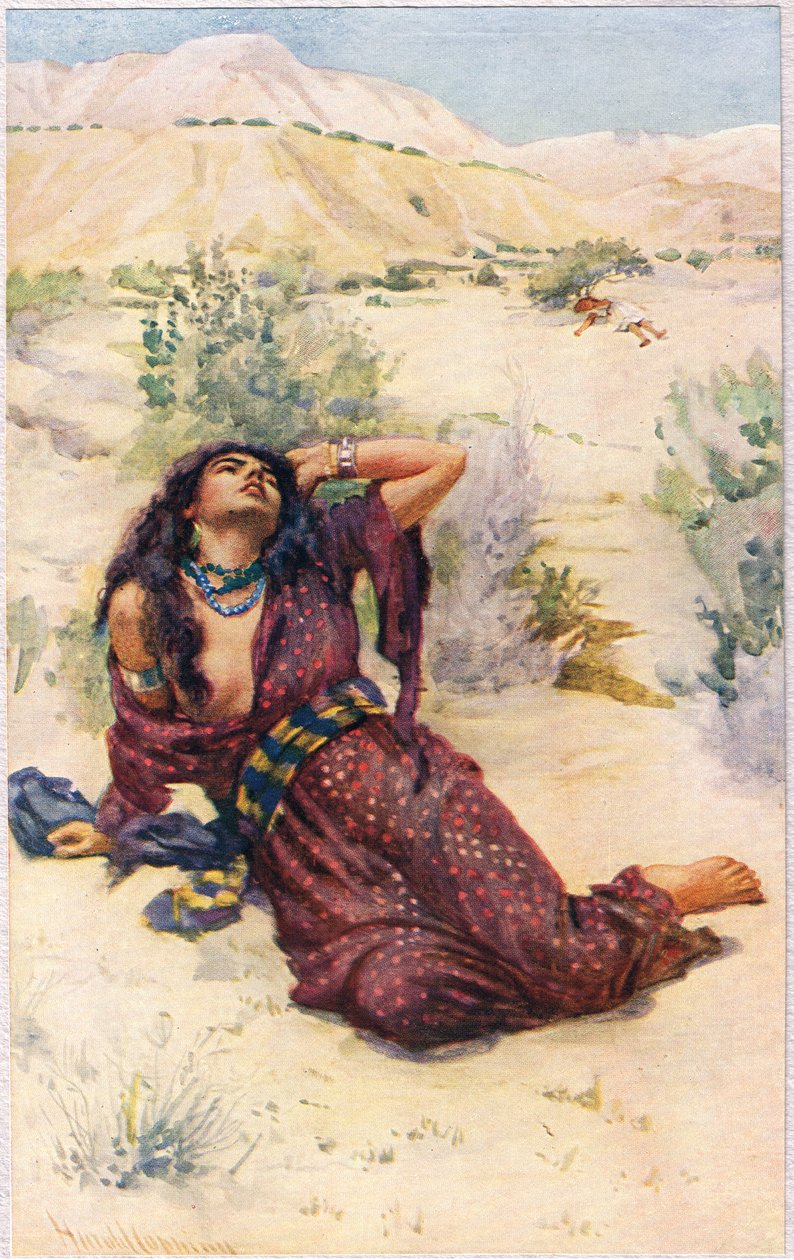 هاجر ، رسم توضيحي من "نساء الكتاب المقدس" ، نشرته جمعية المسالك الدينية ، 1927 بواسطة هارولد كبينج