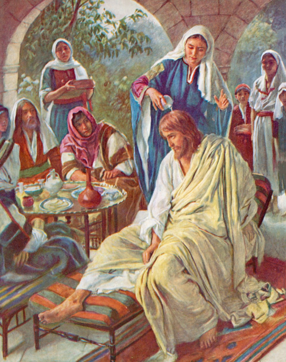 مريم تدهن يسوع، إنجيل متى، 26، 7 (طباعة حجرية ملونة) بواسطة هارولد كبينج