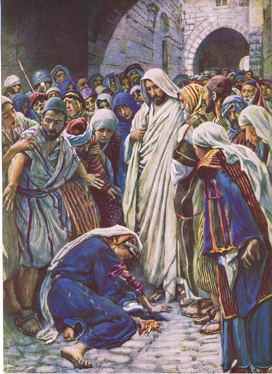 المرأة التي لمست طرف الثوب ، رسم توضيحي من "Harold Copping Pictures: The Crown Series" ، حوالي عام 1920 (اللون الليثو) بواسطة هارولد كبينج
